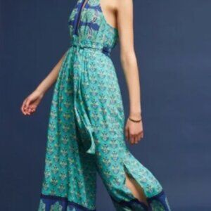 Tracy Reese Anthropologie Paisley Halter Wide Leg Jumpsuit Blue Green (Small)